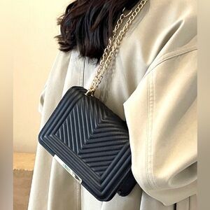 New!Black VEGAN LEATHER CHEVRON GRID CROSSBODY SHOULDER FLAP BAG